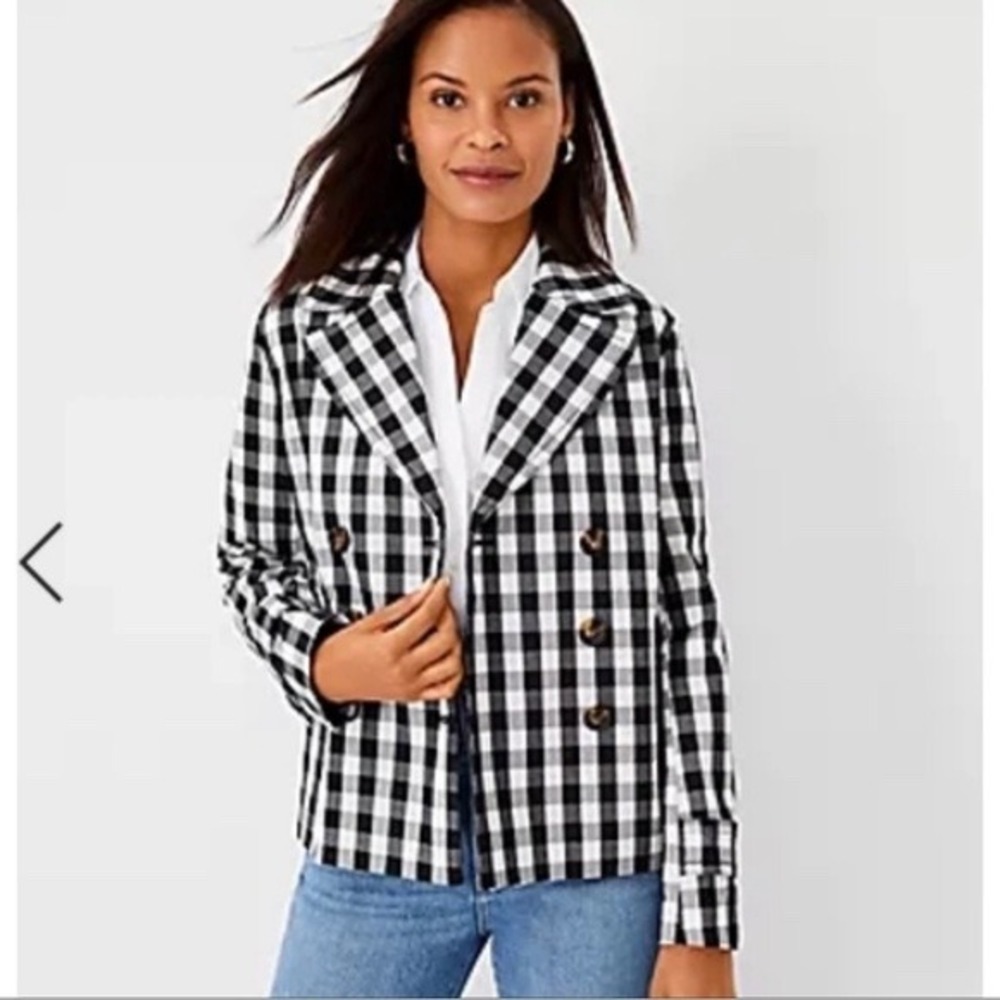 Ann Taylor Gingham Double Breasted Coat Jacket Black White Size XXL